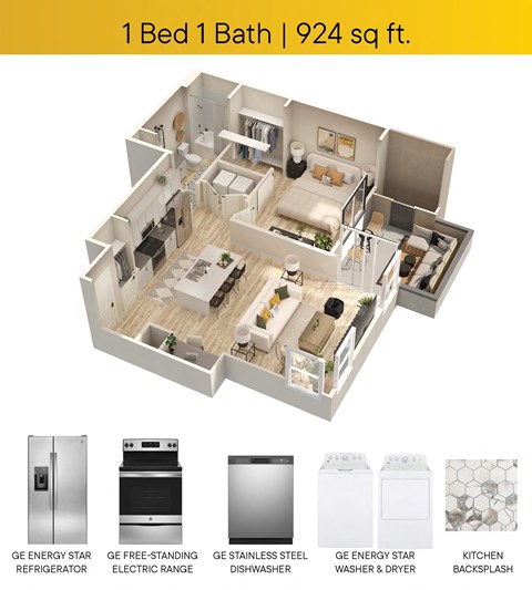 Floor plan for 1 bed, 1 bath, 924 sqft